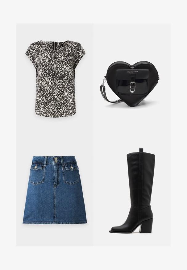 Sort og hvid kortærmet top med et tekstureret, abstrakt mønster, rund halsudskæring og en diskret lynlåsdetalje bagpå.; Sort T-shirt med korte ærmer, der har et leopardprint kvadrat med røde kirsebær og teksten "CHERRIES" i fede røde bogstaver. Glat bomuldsstof.; Denim nederdel i dyb blå, med en tætsiddende talje, to forlommer, to baglommer og sølvfarvede knaplukninger.; Sorte læderknæhøje støvler med en firkantet tå, en afsmalnet hæl og en lodret sømdetalje langs den ydre skaft. Glat tekstur.; Sort hjertetask lavet af patentlæder med en frontlomme, der har en spænde-lukning og en aftagelig rem. Sølv hardware accenter.