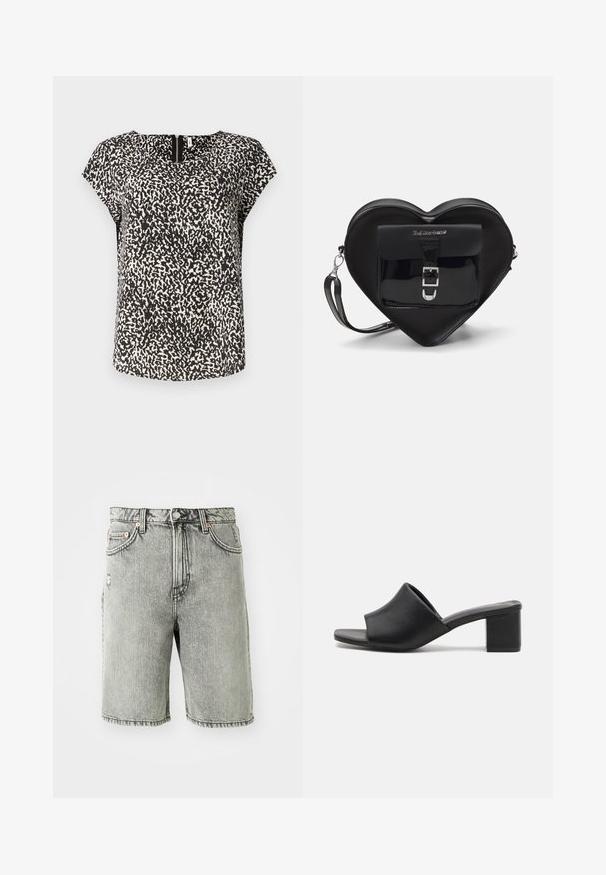 Haut à manches courtes noir et blanc avec un motif abstrait texturé, un col rond et un subtil détail de fermeture éclair à l'arrière.; Débardeur sans manches de couleur olive, fabriqué en tissu côtelé. Présente un col rond et un ourlet droit. Étiquette de marque visible à l'intérieur.; Shorts en denim gris avec un design classique à cinq poches, une finition délavée et des surpiqûres au bas et à la taille.; Mules à talons carrés en cuir noir avec un bout ouvert, présentant une surface lisse et un upper légèrement courbé pour le confort et le style.; Sac en forme de cœur noir en cuir verni avec une poche avant dotée d'une fermeture à boucle et d'une bandoulière amovible. Accents en métal argenté.