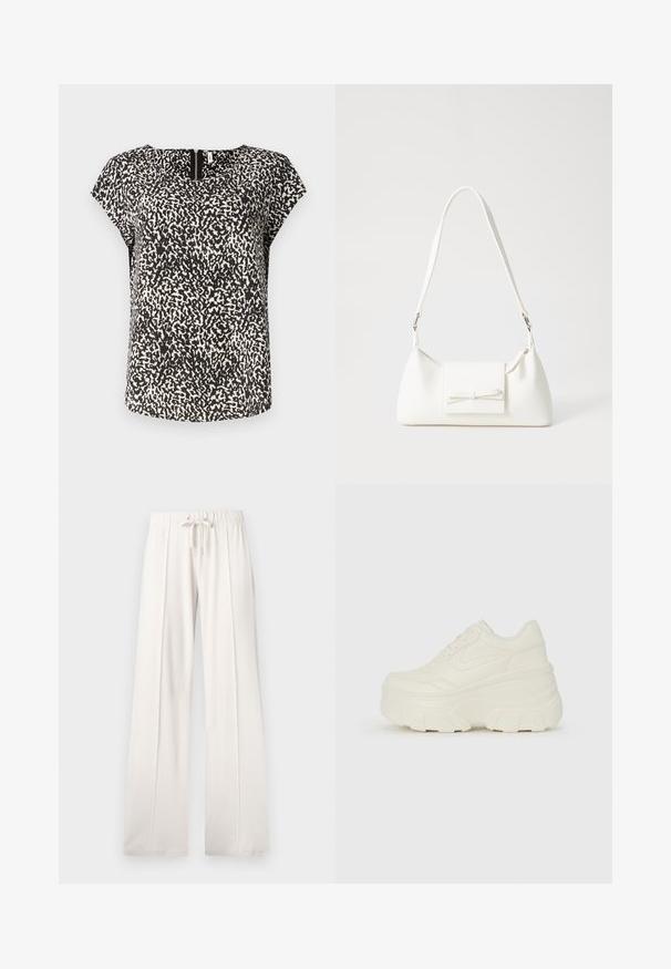 Schwarzes und weißes Kurzarmoberteil mit einem strukturierten, abstrakten Muster, rundem Ausschnitt und einem dezenten Reißverschlussdetail auf der Rückseite.; Hellbeige Sweatpants aus weichem Stoff, mit einem Kordelzugbund, weitem Bein und vertikalen Nähten, mit einer glatten Textur.; Weiße Platform Sneakers mit einem glatten, lederähnlichen Obermaterial, abgerundeter Form, gepolstertem Kragen und strukturierten Gummisohlen mit ausgeprägten Stollen.; Weiße synthetische Handtasche in dreieckiger Form, flache Vorderklappe und Schleifendetail, verstellbarer Trageriemen, glatte Textur und minimalistisches Design.