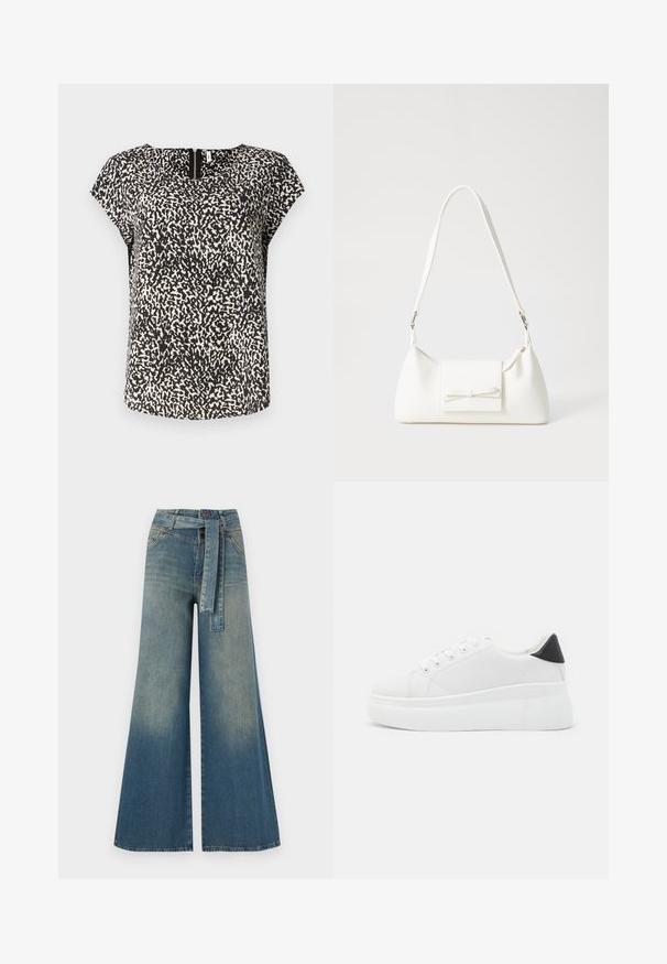 Black and white short-sleeve top featuring a textured, abstract pattern with a round neckline and a subtle back zipper detail.; Wide-leg denim trousers featuring a light to dark blue gradient, high waist, belt loops, and a matching fabric belt. Textured denim finish.; White platform sneakers made of smooth synthetic material, featuring a rounded toe, lace-up design, and a textured rubber sole. Black heel accent.; White synthetic handbag with a triangular shape, flat front flap and bow detail, adjustable strap, smooth texture, and minimalistic design.