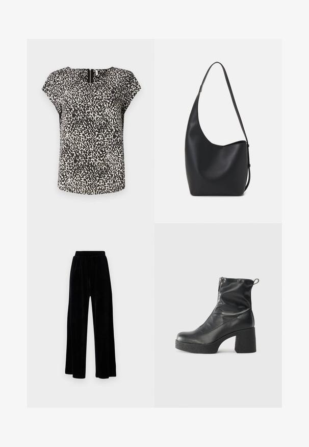 Haut à manches courtes noir et blanc avec un motif abstrait texturé, un col rond et un subtil détail de fermeture éclair à l'arrière.; Pantalons larges noirs en velours doux, dotés d'une taille élastique et d'une texture lisse, sans détails ni motifs visibles.; Bottes noires à la cheville en cuir lisse, dotées d'une fermeture éclair sur le côté, d'un talon épais texturé et d'une conception à bout rond.; Sac hobo en cuir noir avec une texture lisse, une forme incurvée et une seule sangle réglable ; dispose d'une large ouverture en haut.