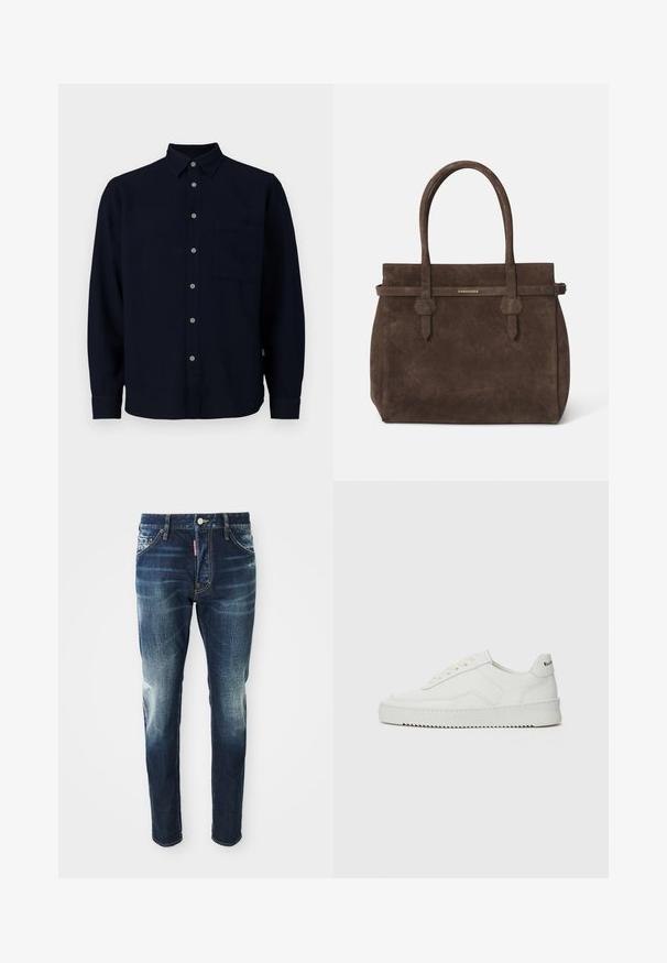Camicia a maniche lunghe blu navy realizzata in tessuto morbido. Presenta una chiusura con bottoni, un colletto a punta e una tasca sul petto. I bottoni grigi aggiungono un contrasto.; Canottiera bianca in cotone senza maniche con scollatura rotonda, caratterizzata da una texture liscia e una vestibilità aderente, progettata per l'abbigliamento casual.; Jeans in denim blu scuro con una vestibilità slim, con zone sbiadite sulle cosce e sulle ginocchia, cinque tasche e chiusura con bottone metallico.; Sneaker in pelle bianca con una finitura liscia, punta rotonda, lacci piatti e suola testurizzata. Presenta un logo discreto sul tallone.; Borsa a spalla in suede marrone scuro con doppi manici e una tracolla orizzontale, dotata di una piccola placca con il logo DSQUARED2 in oro.