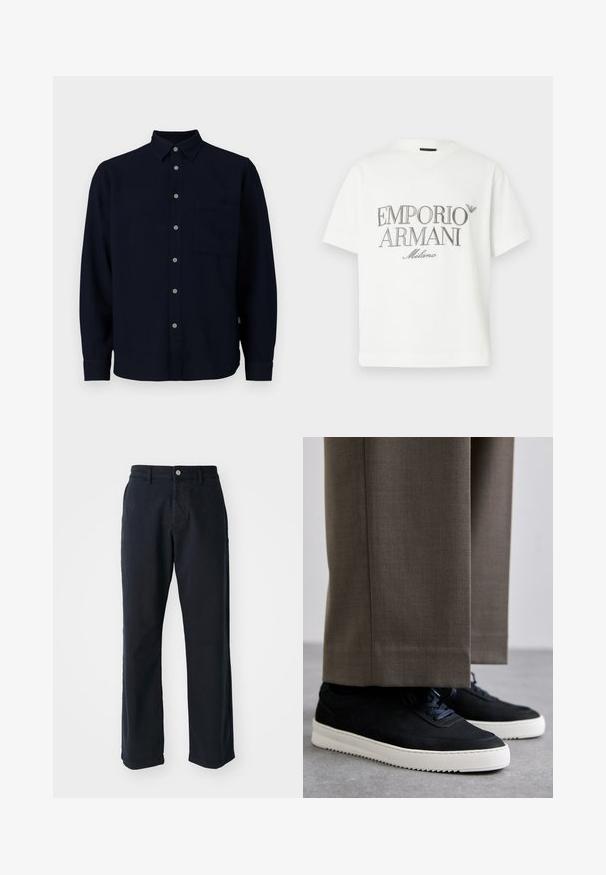 Navy long-sleeve shirt made of soft fabric. Features a button-up front, a pointed collar, and a chest pocket. Grey buttons add contrast.; White cotton t-shirt featuring a large grey "Emporio Armani Milano" logo on the front and a small logo on the upper left side.; Navy blue cotton trousers with a straight-leg design, featuring a front button closure and two side pockets. Smooth texture, no visible patterns.; Black suede sneakers with white rubber soles, featuring a rounded toe and laces, worn with gray tailored pants.