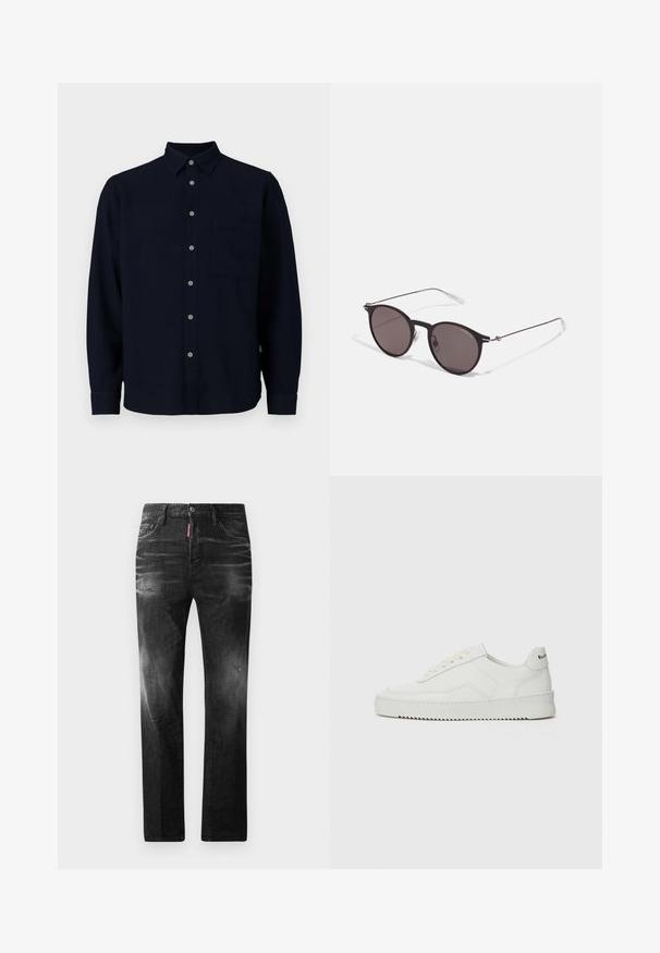 Tamnoplava majica dugih rukava od mekog materijala. Ima prednji dio na dugmad, šiljati ovratnik i džep na prsima. Sive dugmadi dodaju kontrast.; Crne traperice od denima ravnog kroja. Imaju izbljedjela područja, male oštećenja, klasičan dizajn s pet džepova i kopčanje na dugme.; Bijele kožne tenisice s glatkom površinom, okruglim vrhom, ravnim vezicama i teksturiranom potplatom. Imaju suptilan logo na peti.; Crne okrugle sunčane naočale s tamnim staklima i tankim metalnim ručkama. Uključuju prozirne vrhove ručki i srebrne naglaske na šarkama. Minimalistički dizajn.