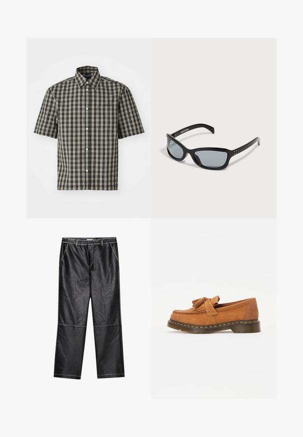 Kurzarmhemd aus schwarzem und beigem kariertem Baumwollstoff, mit Button-Down-Kragen und einer linken Brusttasche. Klassisches Karomuster über das gesamte Hemd.; Schwarze Kunstlederhose, weit geschnitten, mit Nähdetails und frontalen Taschen, aus einem glatten, leicht reflektierenden Material.; Braune Wildlederloafers mit einer Quasten-Bow-Akzent, gerundetem Zehenbereich und einer dicken, strukturierten Sohle mit orangen Nähten.; Schwarze Sonnenbrille mit einem eleganten, kantigen Design. Verfügt über graue Gläser und glänzende Kunststoffrahmen. Enthält kleine Metallakzente und Branding am Bügel.