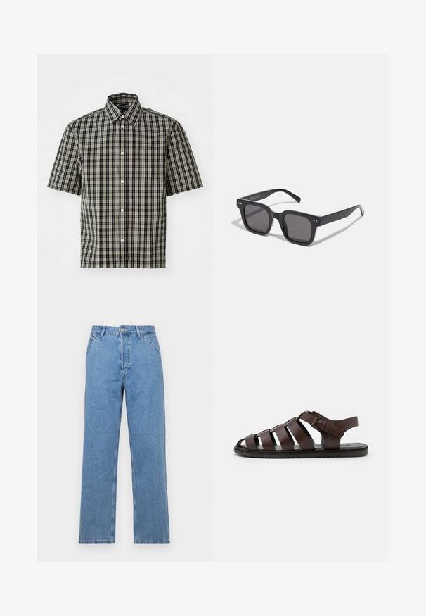 Chemise à manches courtes en coton à carreaux noirs et beiges, dotée d'un col boutonné et d'une poche sur la poitrine gauche. Motif à carreaux classique sur l'ensemble.; Jean en denim bleu clair à jambes droites avec un design classique à cinq poches, doté d'une fermeture à bouton à l'avant et de passants de ceinture. Texture lisse.; Sandale en cuir marron avec plusieurs larges brides, design à bout ouvert, fermeture à boucle à la cheville et semelle texturée pour l'adhérence.; Lunettes de soleil noires rectangulaires avec des verres foncés, arborant une monture épaisse, des accents subtils sur les côtés et aucun logo visible en dehors du nom de la marque.