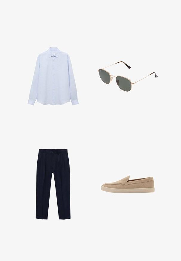 Camicia a maniche lunghe di colore azzurro chiaro, realizzata in un tessuto texturizzato. Presenta un colletto classico e un taglio dritto con un orlo leggermente arrotondato.; Pantaloni navy realizzati in tessuto liscio, con un fit leggermente sagomato, pieghe frontali, passanti per cintura e chiusura a un bottone.; Scarpa slip-on in suede beige con punta arrotondata e dettagli cuciti. Suola in gomma chiara con design a profilo basso.; Occhiali da sole con montatura in metallo dorato e lenti verde scuro, stile aviator, con aste sottili e dettagli in tartaruga sulle punte.