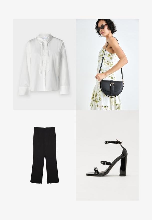 White, long-sleeve blouse with a collar, front button closure, and a tie detail at neckline. Smooth fabric and cropped design.; Black trousers with a straight fit, featuring front pockets and side slits at the hem. Made of soft, smooth fabric. Suitable for various occasions.; Black patent heeled sandals with a square toe, ankle straps, and silver buckles. Features a chunky block heel for stability.; Black leather handbag with a curved shape, detachable strap, and gold hardware. The bag features a flap with a buckle detail.