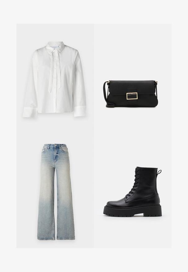 Blusa bianca a maniche lunghe con colletto, chiusura frontale a bottoni e dettaglio a cravatta al collo. Tessuto liscio e design cropped.; Jeans ampi di colore blu chiaro in denim, con vita alta, cinque tasche e cuciture visibili lungo le cuciture.; Stivaletti in pelle nera alla caviglia con punta rotonda, lace-up frontale e suola in gomma spessa con battistrada textured. Tassello sul retro.; Borsa a mano in pelle nera con patta e dettaglio in metallo dorato. Include una tracolla nera e un design elegante e minimalista.; Orecchini a cerchio color oro, sottili e rotondi, con una finitura metallica liscia e senza decorazioni o motivi.