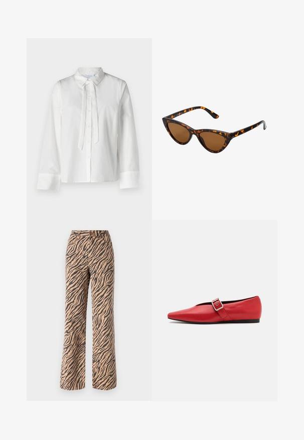 Bijela, košulja dugih rukava s ovratnikom, prednjim zatvaranjem na gumbe i detaljem za vezanje na izrezu. Glatka tkanina i skraćeni dizajn.; Hlače širokih nogavica s uzorkom tigra u nijansama smeđe i crne boje, s standardnim pojasom i dizajnom s pet džepova.; Crvene kožne ravne cipele sa špicastim vrhom, koje imaju bočnu traku s metalnom kopčom i nizak crni potplat. Glatka tekstura kroz cijelu cipelu.; Sunglasses u obliku mačjih očiju s okvirom u crno-narančastom kornjačevom uzorku, smešnim lećama i elegatnim, šiljastim vrhovima. Sadrži minimalni logo na dršci.