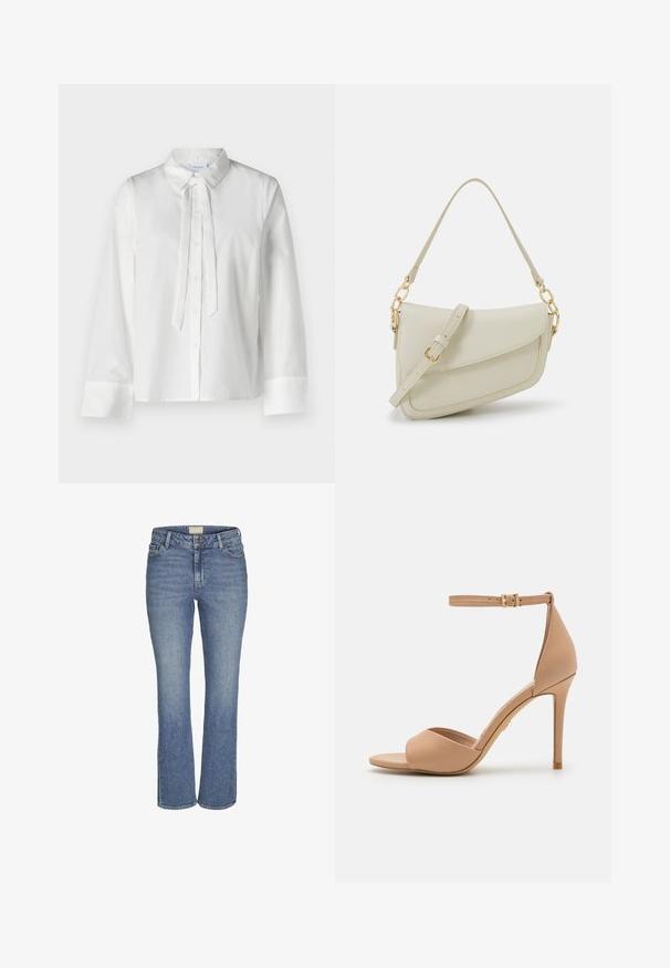 Bela, srajčna bluzica z dolgimi rokavi in ovratnikom, sprednjim zapiranjem na gumbe ter detajlom z zavezovanjem pri vratu. Gladko blago in skrajšana zasnova.; Mid-modri spešni traper hlače ravnih nogavic s sprednjim gumbom in zadrgo, z pasom in sprednjimi ter zadnjimi žepi.; ALDO CRERIDE PILLOW WALK - Sandali - beige; Mala kremna torbica z teksturiranim zaključkom, dolgim nastavljivim trakom, verižnim poudarkom in zapiranjem na poklop. Detajli iz zlatega kovinskega materiala.; Zlate uhane v obliki obročkov z gladko, sijočo površino. Krožna zasnova s majhnim nosilcem in prozornim podplatom za varno nošenje.