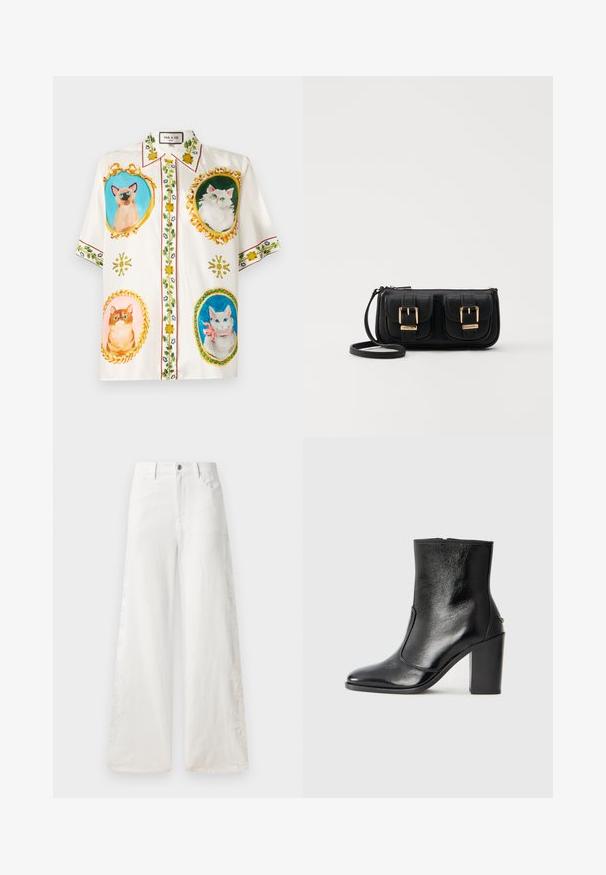 Paul & Joe GALINETTE - Bluza z gumbi - blanc; Bele široké jeans hlačnice iz denima, ki vključujejo stranske vezenine in klasičen pet-pocket dizajn. Zadrga za zapiranje s gumbom.; Črne usnjene gležnarske čevlje z gladko teksturo, koničastim nosom in debelim visokim petam. Imajo stransko odprtino in minimalističen dizajn.; Črna usnjena torbica čez ramo z dvema sprednjima žepoma, zlatimi zaponkami, zadrgo in ozkim pasom. Tekstura površine je strukturirana, obliko pa ima kompaktno pravokotno.