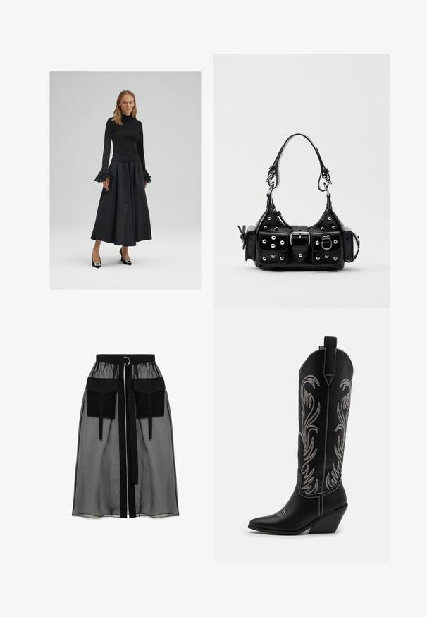 Top negro de manga larga con cuello alto y puños acampanados, combinado con una falda negra fluida y zapatos de tacón alto negros con detalles decorativos.; Falda negra transparente con una cinturilla fruncida, que presenta dos grandes bolsillos frontales, un lazo en la cintura y un acento metálico circular.; Botas de cowboy de cuero negro con puntas afiladas, tacones cuña y patrones florales bordados en plata a lo largo del caña. Costuras en contraste por toda la bota.; Bolso de mano de cuero negro con un diseño curvado, que cuenta con tachuelas plateadas, una hebilla y dos bolsillos laterales. Correa ajustable para opciones de transporte.