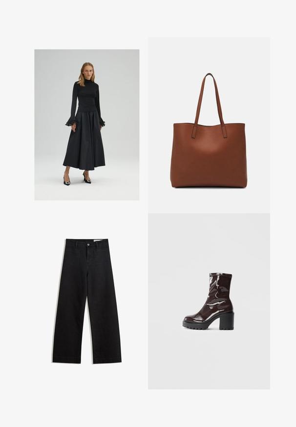 Černý dlouhý rukáv top s vysokým límcem a rozšířenými manžetami, spárovaný s volnou černou sukní a černými vysokými podpatky se zdobením.; Černé denimové kalhoty s volným střihem a vysokým pasem, vybavené předními a zadními kapsami, prošívanými švy a knoflíkovým zapínáním. Hladká textura.; Lesklá bordó kotníková bota s masivním černým podpatkem, se hladkým povrchem a jednoduchým designem. Žádné viditelné zapínání ani vzory.; Hnědá kožená taška přes rameno s hladkou texturou, otevřeným designem a dvěma ramenními popruhy. Obsahuje minimální švy a žádné viditelné kovové prvky.