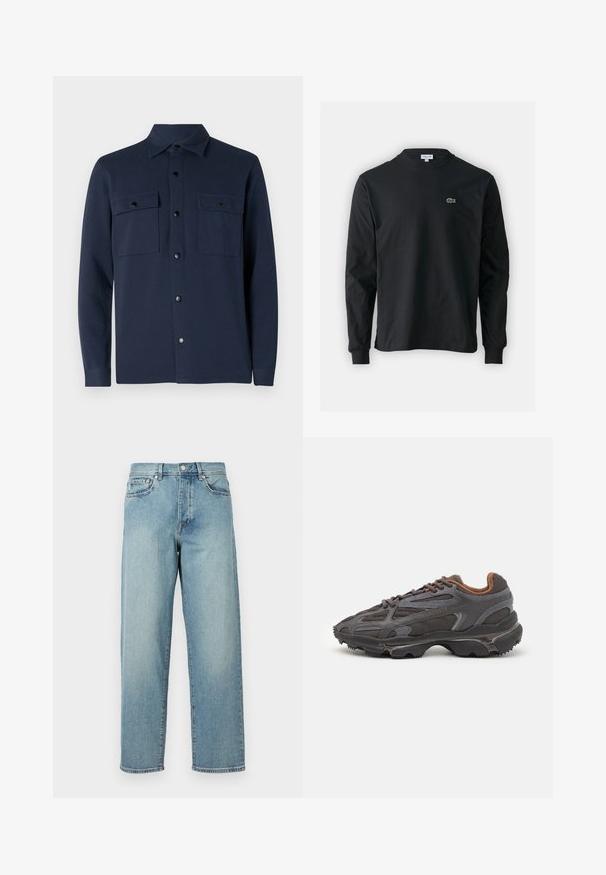 Mørkeblå skjorte med knapper laget av mykt stoff, med to brystlommer, spiss krage og rett kant. Ingen mønstre eller aksenter synlige.; Svart langermet T-skjorte laget av bomull, med rund hals og en liten grønn brodert krokodillelogo på venstre bryst.; Lys blå denimjeans med løs passform, rette ben, fem-lomme-design og knappelukking i livet. Minimalistisk sømdetalj.; Lacoste-sneakers i mørkegrått med mesh- og syntetisk materiale, med en teksturert såle og brune detaljer på kragen og merket.