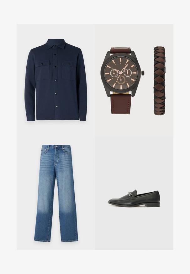 Mākslīgā auduma jūras zilā pogas krekls, kas aprīkots ar divām krūšu kabatām, uzgali apkakli un taisnu apakšmalu. Nav redzami modeļi vai akcenti.; Zilas augstās jostasvietas taisnas kāju džinsas ar nodilumu uz augšstilbiem un tumšāku nokrāsu pie apakšmalām, redzami priekšējie pogas un kabatas.; Melna ādas loafer izmēra apavi ar gludu virsmu, piedāvā ar šūtu dizainu un dekoratīvu metāla ķēdes akcentu pār vampu. Plakana papēža daļa.; Pier One SET - Pulkstenis - black/brown