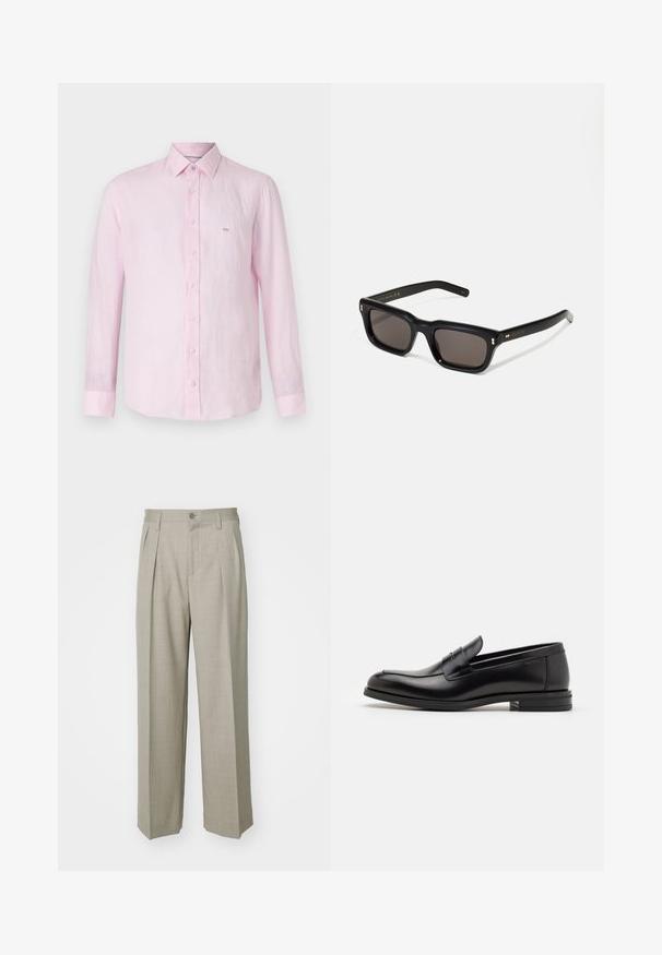 Ružová ľanová košeľa s dlhým rukávom a zapínaním na gombíky, ktorá má na hrudi malé vyšívané logo a predné zapínanie na gombíky.; Filippa K WIDE TROUSERS - Nohavice - sage melange; Čierne kožené mokasíny s hladkou textúrou, zaoblenou špičkou a dekoračným pásikom cez priehlavok. Nízky vrstvený opätok, minimalistický dizajn.; Čierne obdĺžnikové slnečné okuliare s tmavými sklami, hrubým plastovým rámom, zlatými detailami na spánkoch a vygravírovaným logom značky na ramene.