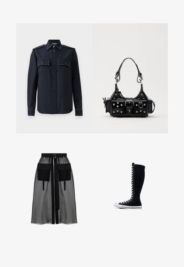 Marineblaues Hemd mit langen Ärmeln, Knopfverschluss und zwei Fronttaschen. Verziert mit silbernen Nieten an den Taschen und Bündchen, aus einem glatten Stoff gefertigt.; Schwarzer transparenter Rock mit einem gerafften Taillenbund, der zwei große Fronttaschen, einen Taillenkordel und ein kreisförmiges Metallakzent aufweist.; Schwarze High-Top-Sneaker mit hohem Design, aus Canvas. Sie verfügen über weiße Schnürsenkel, Nähte und eine Gummisohle mit einer Zehenkappe.; Schwarze Lederhandtasche mit einem geschwungenen Design, verziert mit silbernen Nieten, einer Schnalle und zwei seitlichen Taschen. Verstellbarer Träger für verschiedene Tragemöglichkeiten.