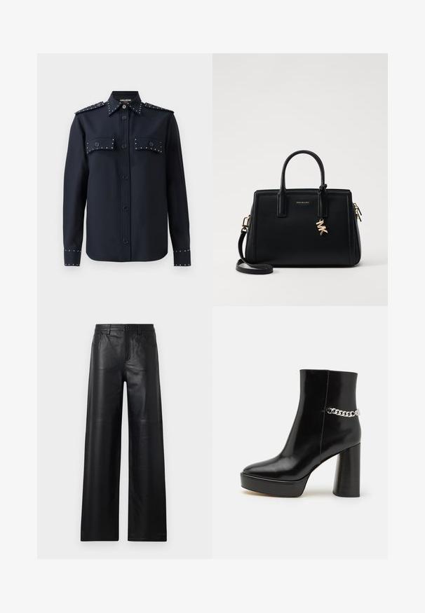 Navy shirt with long sleeves, button closure, and two front pockets. Features silver studs on pockets and cuffs, made from a smooth fabric.; Wide-leg black leather pants with a smooth texture, featuring front pockets, a button closure, and subtle stitching details.; Black patent leather ankle boot with a chunky platform and high block heel. Features a silver chain accent on the side. Smooth texture.; Black leather handbag with structured design, dual top handles, detachable shoulder strap, gold hardware, and a logo charm accent.