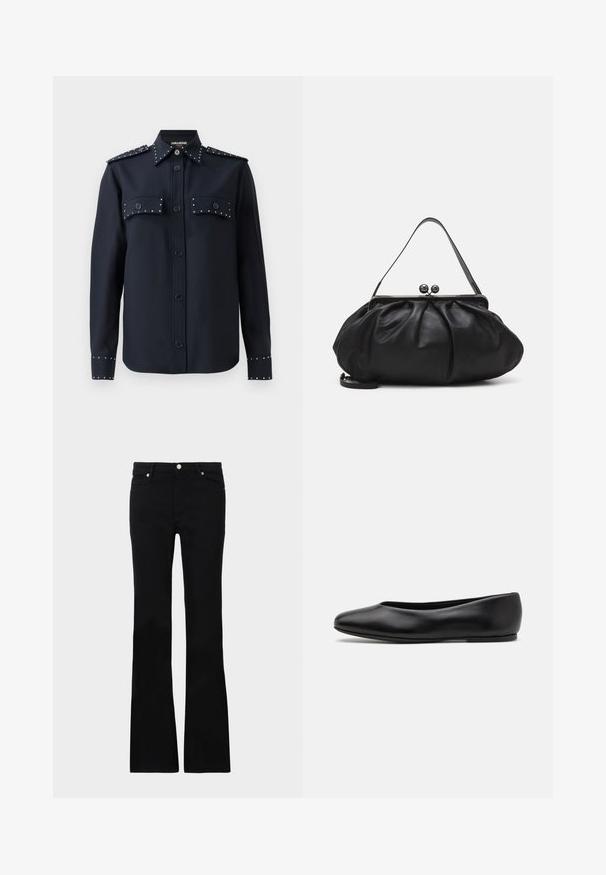 Camicetta navy a maniche lunghe, con chiusura a bottoni e due tasche frontali. Presenta borchie argentate sulle tasche e sui polsini, realizzata in un tessuto morbido.; Jeans neri svasati in denim, dotati di due tasche anteriori, chiusura con bottone e una texture liscia. Cuciture iconiche visibili nei punti di giuntura.; Paul Smith TOPANGA - Ballerine - black; Borsa a mano in pelle nera con un design arrotondato e plissettato. Presenta una chiusura metallica con due palline decorative e una tracolla sottile e removibile.