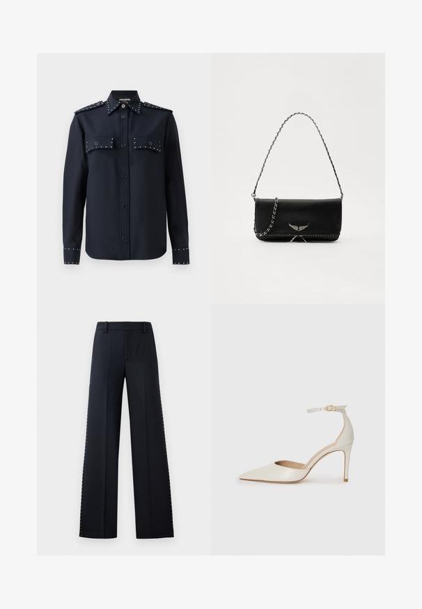 Camisa de marinero de manga larga, con cierre de botones y dos bolsillos frontales. Presenta tachuelas plateadas en los bolsillos y las muñecas, hecha de una tela suave.; Pantalones de pierna ancha en negro. Corte entallado con una textura suave. Presenta una fila de remaches metálicos a lo largo de las costuras laterales como detalle.; Zapato de tacón alto de cuero blanco con punta afilada, correa en el tobillo y un delgado tacón de aguja. Textura lisa con un sutil acabado brillante.; Bolso de mano de cuero negro con una correa de cadena plateada, que presenta acentos decorativos en forma de alas y costuras blancas a lo largo de la costura inferior.