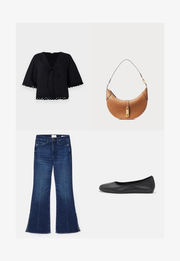By Malene Birger ULRIKKE - Bluse - black; Dunkelblaue, ausgestellte Jeans aus Denim. Mit hoher Taille, vorderen Taschen und Schlitzen am Saum. Klassisches Fünf-Taschen-Design.; Schwarze Leder-Ballettschuhe mit abgerundeter Spitze, glatter Textur, minimalen Nähdetails und einem flexiblen Sohlen-Design.; Taschenhandtasche aus tanfarbenem Leder mit geschwungener Form, goldenen Beschlägen und einem dünnen Schulterriemen. Verfügt über einen Reißverschlussverschluss und ein Logodetail auf der Vorderseite.