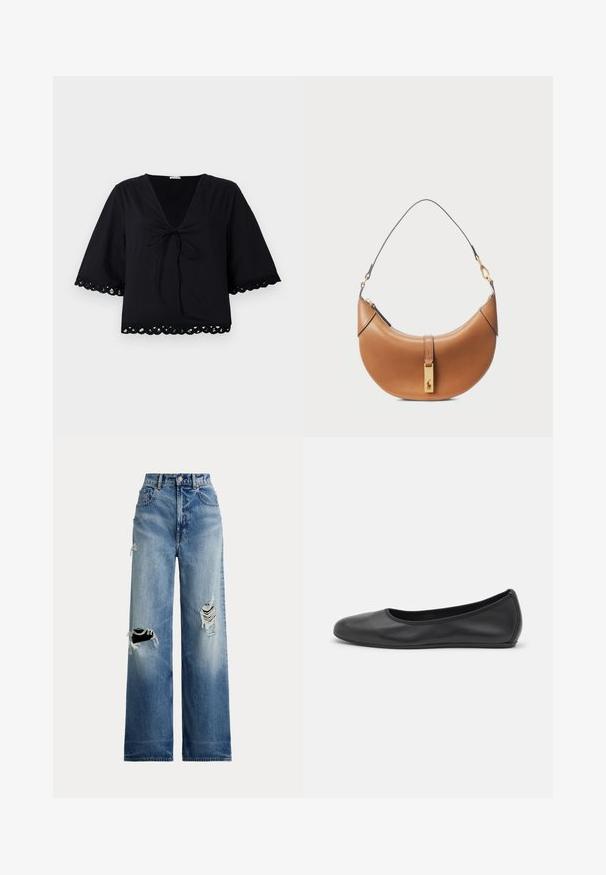 By Malene Birger ULRIKKE - Blouse - black; Blauwe denim jeans met wijde pijpen en versleten scheuren bij de knieën, met een hoge taille, knoopsluiting en klassiek ontwerp met vijf zakken.; Zwarte leren ballerina met een ronde neus, gladde textuur, minimale stikdetails en een flexibele zoolontwerp.; Tan leren handtas met een gebogen vorm, gouden hardware en een dunne schouderriem. Beschikt over een ritsluiting en logo-detail aan de voorkant.