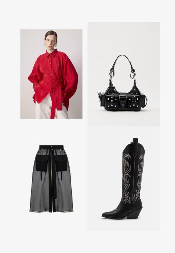 Kobieta z wygładzonej do tyłu fryzurą, nosząca srebrne kolczyki w formie kół, oversize'ową czerwoną koszulę zapinaną na guziki z wiązaniem w talii oraz białe spodnie na jednolitym tle.; Czarna przezroczysta spódnica z marszczeniem w pasie, posiadająca dwie dużej wielkości kieszenie z przodu, pasek w talii oraz okrągły metalowy akcent.; Czarne skórzane kowbojskie buty z wydłużonymi noskami, obcasem typu koturn oraz srebrnymi haftowanymi wzorami kwiatowymi wzdłuż cholewy. Kontrastowe szwy na całej długości.; Czarna skórzana torebka w zakrzywionym kształcie, z srebrnymi ćwiekami, klamrą i dwoma bocznymi kieszeniami. Regulowany pasek umożliwiający różne opcje noszenia.