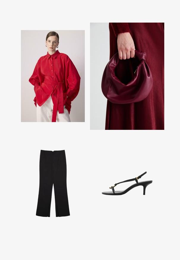 Nainen, jolla on taakse slickattu hiustyyli, käyttää hopeisia renkaakorviksia, suurikokoista punaista nappipaitaa vyötärösoljella ja valkoisia housuja yksinkertaista taustaa vasten.; Mustat housut suoralinjaisella leikkauksella, joissa on etutaskut ja sivurei'ät helman alla. Valmistettu pehmeästä ja sileästä kankaasta. Sopii eri tilaisuuksiin.; Mustat nahkakengät, joissa on kissankorko, ohuet hihnat, kultainen solki ja minimalistinen varvaslenkki valkoisella taustalla.; Burgundy-nahkakäsilaukku, jossa on pehmeä, ryppyinen muotoilu ja pyöreä muoto. Kahva on kiinnitetty tukevasti, ja siinä on sileä pinta.