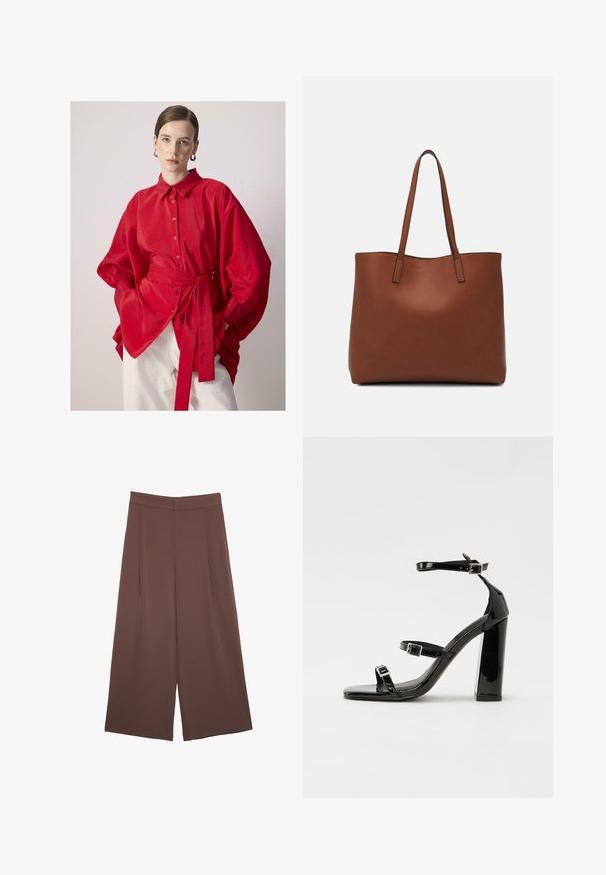 Žena s hladce upravenými vlasy, která má na sobě stříbrné kruhové náušnice, oversized červenou zapínací košili s páskem v pase a bílé kalhoty na jednobarevném pozadí.; Hnědé široké kalhoty s hladkou texturou, vysokým pasem a předními záhyby. Materiál je lehký a volně splývá.; Černé lakované sandály na podpatku se čtveratou špičkou, lýtkovými pásky a stříbrnými přezkami. Disponují masivním blokovým podpatkem pro stabilitu.; Hnědá kožená taška přes rameno s hladkou texturou, otevřeným designem a dvěma ramenními popruhy. Obsahuje minimální švy a žádné viditelné kovové prvky.