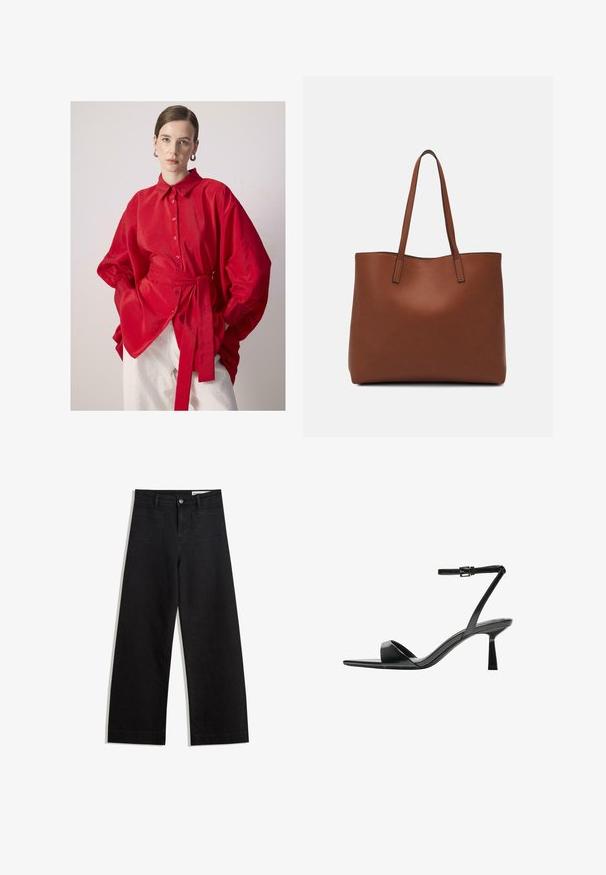 Ženska s počešljenimi lasmi nosi srebrne obročaste uhane, preveliko rdečo srajco s gumbi in pasom ter bele hlače na enobarvni podlagi.; Črne široke denim hlače z visokim pasom, ki imajo sprednje in zadnje žepe, šivane šive ter gumbasto zapiranje. Gladka tekstura.; Bershka Sandali z visoko peto - black; Rjava usnjena torba z gladko teksturo, odprto zasnovo zgoraj in dvema naramnima trakovoma. Opremljena je z minimalnim šivanjem in brez vidnih kovinskih delov.