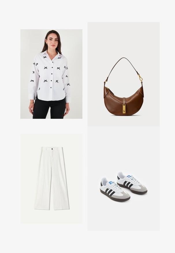 Cămașă albă cu guler clasic, cu broderie încrucișată neagră, mâneci lungi, mansete butonate și nasturi negri. Textură netedă.; Pantaloni albi cu picioare largi, dintr-un material neted, cu închidere frontală cu nasture și detalii pliate. Design cu fața netedă, fără buzunare vizibile.; Încălțăminte sport cu un superior din piele albă, vârf din suede gri și trei dungi negre. Prezintă un logo albastru pe limbă și o talpă din cauciuc texturat.; Geantă de umăr din piele maro cu o formă curbată, accesorii din aur, detaliu cu clip superior și un accent cu logo. Textură netedă cu margini cusute.
