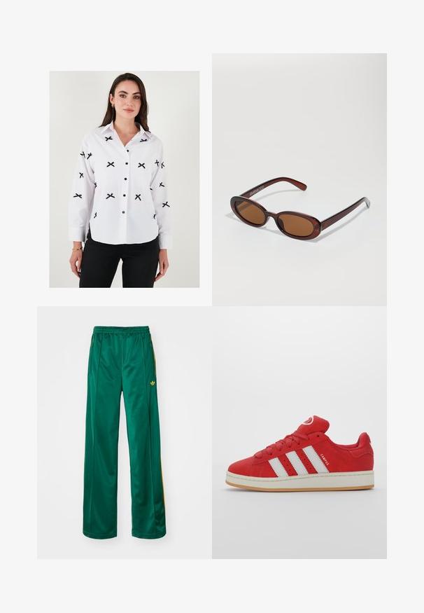 Weißes Hemd mit schwarzer Kreuzstickerei, langen Ärmeln, knöpfbaren Manschetten und schwarzen Knöpfen. Glatte Textur, klassisches Kragen-Design.; Grüne satinierte Sporthosen mit entspannter Passform, mit gelben Streifenakzenten und einem gestickten Logo auf der linken Seite. Elastischer Bund.; Rote Wildleder-Sneaker mit drei weißen Streifen, Gummisohle, abgerundeter Zehe und gepolstertem Zungenbereich, versehen mit dem Detail "CAMPUS" an der Seite.; Runde, braun getönte Sonnenbrillen mit einem glänzenden burgunderfarbenen Rahmen. Schlanke Bügel mit dezentem Branding. Flaches Linsendesign.