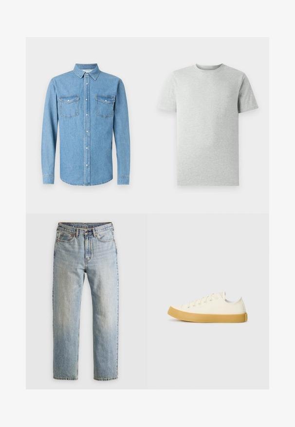 Ljusblå jeansskjorta med långa ärmar, knäppning fram och två bröstfickor. Har en klassisk krage och en slät textur.; En enkel ljusgrå kortärmad T-shirt med rund hals visad mot en vit bakgrund, framifrån utan synliga logotyper eller mönster.; Ljusblå denimjeans med hög midja, framknäppning, dragkedja och femficksdesign, placerade platt på en neutral bakgrund.; Canvas sneakers i off-white med rund tå, med beige gummisulor och fem öglor för snören, texturerad finish på ovandelen.