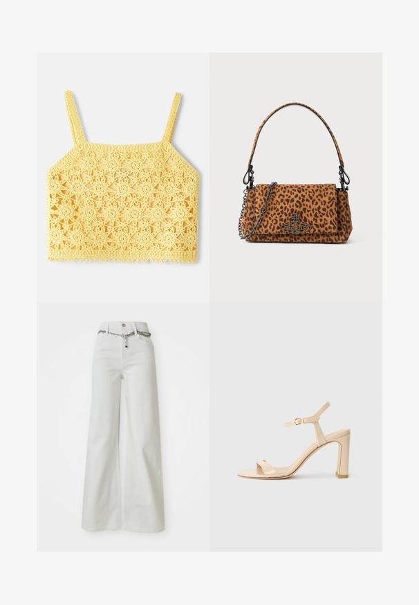 Top corto de ganchillo amarillo con intrincado patrón de encaje floral, que presenta tirantes finos ajustables y un dobladillo con puntilla.; Pantalones de denim blancos de pierna ancha con una cintura alta, que presentan un acento de cadena a lo largo de la cinturilla y un diseño clásico de cinco bolsillos.; Sandalia de tacón alto beige con tira en el tobillo y hebilla dorada, punta abierta y tacón cuadrado sobre un fondo blanco.; Bolso de mano con estampado de leopardo, hecho de ante, con un asa corta, una correa de cadena y un cierre de hardware negro. Forma rectangular con tapa.