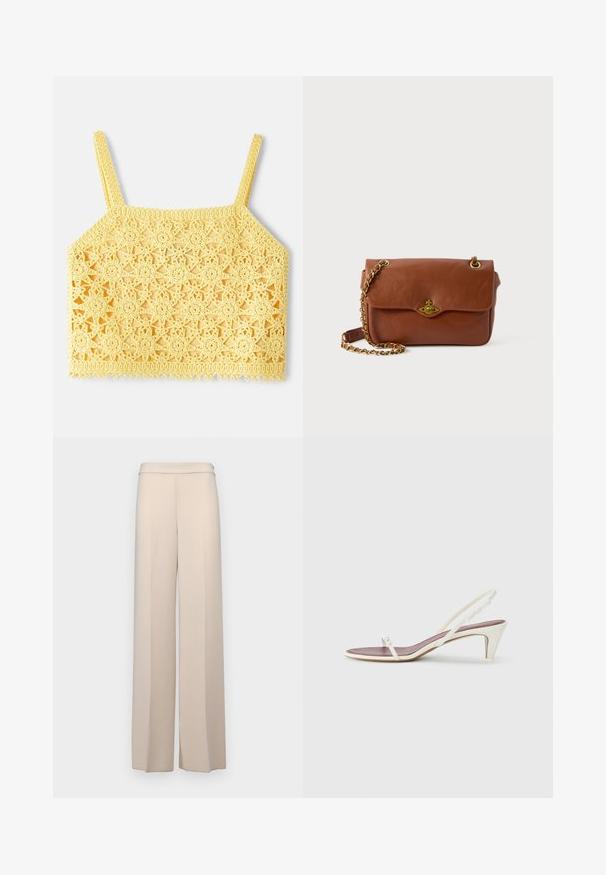 Gelber gehäkelter Crop-Top mit kompliziertem floralen Spitzenmuster, ausgestattet mit dünnen verstellbaren Trägern und einem gewellten Saum.; Beige weit geschnittene Hose aus glattem Stoff, mit hoher Taille und dezenten Vorderfalten. Keine Taschen oder sichtbare Hardware-Details.; Weiße Slingback-Sandalen mit einem leichten Absatz, dünnen Riemen und einer glatten Ledertextur; verfügen über eine kleine dekorative Schnalle.; Braune Leder-Crossbody-Tasche mit Klappenverschluss, goldenen Beschlägen und einer Kettenriemen. Glatte Textur, rechteckige Form, minimalistische Details.