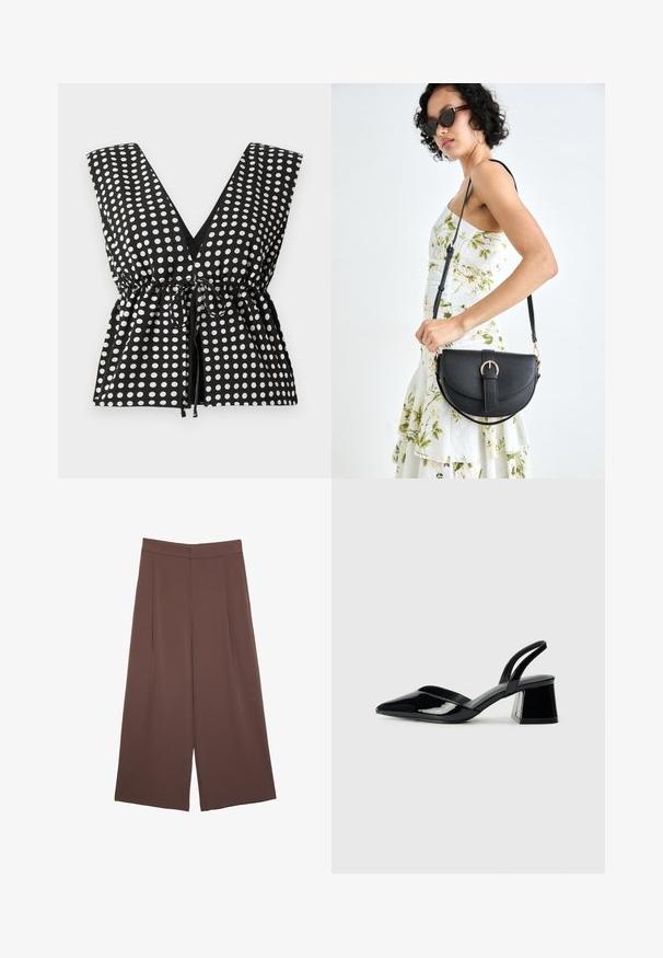 Črno-bela bluza s pikami, globokim V-izrezom, brez rokavov, z nabranim pasom in nastavljivo vrvico ter gladko teksturo tkanine.; Rjave široke hlače z gladko teksturo, ki imajo visok pas in sprednje naborke. Tkanina je lahka in prosto pada.; Črne lakirane slingback pete s koničastim nosom in geometrijsko blokasto peto. Imajo eleganten, minimalističen dizajn in gladko teksturo.; Črna usnjena torbica s ukrivljeno obliko, z odstranljivo naramnico in zlatimi dodatki. Torbica ima pokrov s podrobnostmi v obliki zaponke.