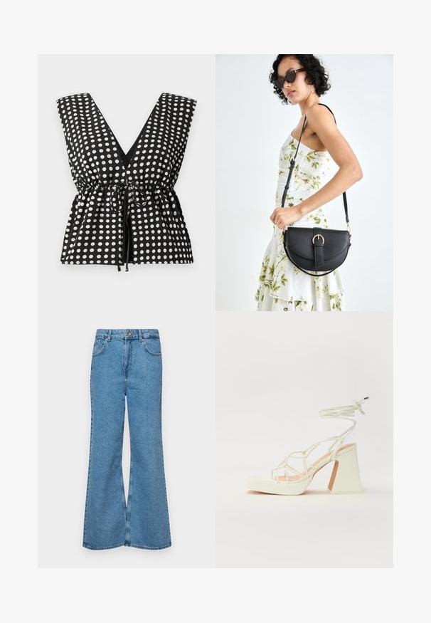 Black and white polka dot top with a deep V-neck, sleeveless design, gathered waist with adjustable tie, and smooth fabric texture.; Light blue flared jeans made of denim, featuring a high waist, five pockets, and a single button closure. Soft texture with faded finish.; White high-heeled sandal with a chunky heel, featuring a strappy design and ankle tie. Smooth texture with a platform front for added height.; Black leather handbag with a curved shape, detachable strap, and gold hardware. The bag features a flap with a buckle detail.