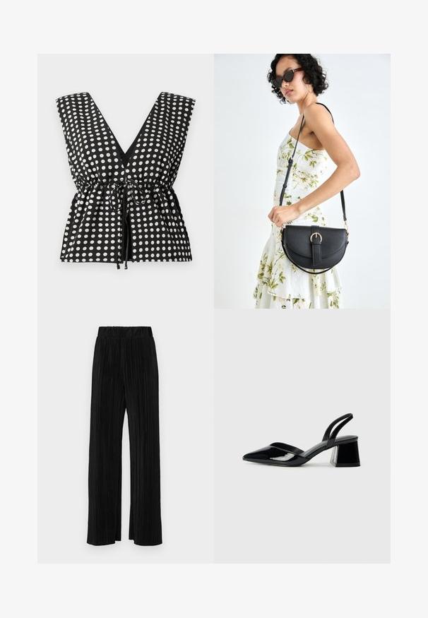 Sort og hvid polka dot top med dyb V-hals, ærmeløs design, samlet talje med justerbart bånd og glat stoftekstur.; Sorte plisserede bukser med elastisk talje. Har brede ben og et glat, tekstureret stof med lodrette striber.; Sorte patentlæder slingback hæle med spids tå og en geometrisk blok hæl. Har et elegant, minimalistisk design og en glat tekstur.; Sort læderhåndtaske med en buet form, aftagelig rem og guldfinish. Tasken har en klap med en spænde detalje.