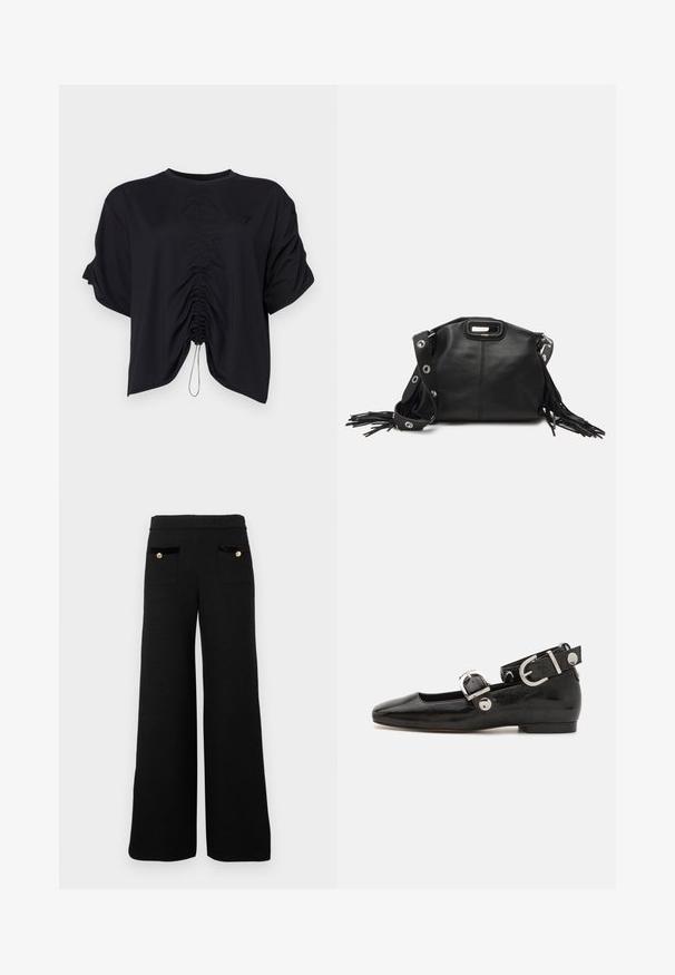 Must must cropped top pehmest kangast, ümmarguse kaelusega, lühikeste varrukatega ja ees tõmblukuga seotud detailidega.; Mustad laiad püksid, mis on valmistatud tekstuursest kangast, sisaldavad kahte eesmist taskut musta sameti aktsentide ja kuldsete nööpdetailidega.; Must musta nahkkinga lamead kontsad, ruudukujulise varbaga, pahkluu rihmaga, mis sisaldab hõbedast taakleid, ning lame tald. Siledat pinda ja minimalistlikku disaini.; Maje MISS MINI - Ülerinna-kott - noir