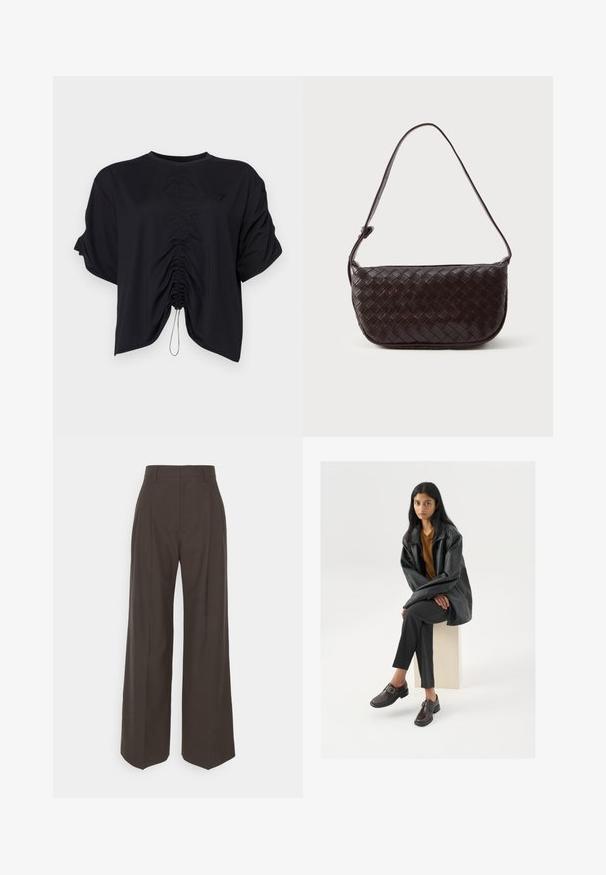 Svart cropped topp laget av myk stoff, med rund hals, korte ermer, og rynkedetaljer foran med snøring.; Mørkebrun vidde bukser med høy midje, utstyrt med pent pressede folder, glatt tekstur og skreddersydd passform.; Svart lær oversized jakke, oransje topp, grå skreddersydde bukser og brune beltesko, sittende på en lys blokk mot en hvit bakgrunn.; Toveget lærveske i mørk brun med en buet form, justerbar stropp og en glatt overflate. Kompakt design uten synlig maskineri.
