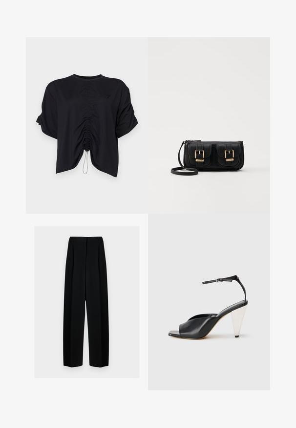 Crni skraćeni top od mekog materijala, s okruglim izrezom, kratkim rukavima i nabranim detaljima sprijeda s vezicom.; Crne široke hlače s visokim strukom, s naborima i glatkom teksturom. Tkanina izgleda lagano i elegantno pada.; Crne kožne sandale s visokim potpeticama, otvorenim prstima, asimetričnim dizajnom, remenom oko članka i metalnom konusnom potpeticom. Glatka tekstura kroz cijelu cipele.; Crna kožna torba preko ramena s dva prednja džepa, zlatnim kopčama, zatvaranjem na zip i uskim remenom. Teksturirana površina i kompaktan pravokutan oblik.