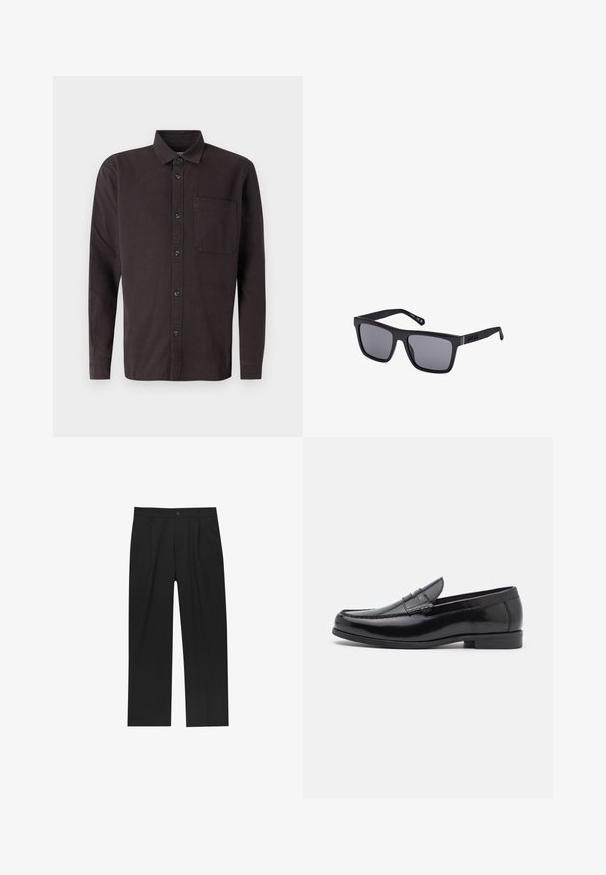 Tummanruskea pitkähihainen puuvillapaita, jossa on napillinen kaulus, etutasku ja mustat napit kiinnitystä varten.; Mustat housut suoranlahkeisella muotoilulla, valmistettu sileästä kankaasta. Ominaisuuksiin kuuluu etupleateet ja yksi nappikiinnitys vyötäröllä.; Musta nahkainen loaferit pyöristetyllä kärjellä, koristeelliset tikkausviivat ja matala korko. Tasainen rakenne, jossa on hienovaraista kiiltoa. Klassinen muotoilu ilman koristeita.; Mustat suorakulmaiset aurinkolasit tummilla linsseillä, matta viimeistelyllä ja logoyksityiskohdalla temppelissä. Suunnittelussa on suorat reunat ja paksut kehykset.