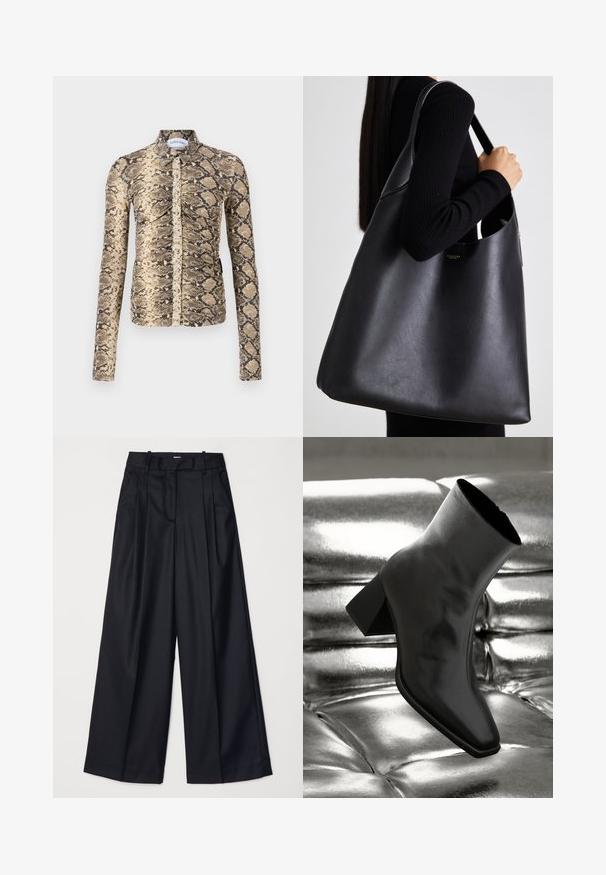 MARINE SERRE PYTHON PRINTED DRAPED RUCHED - Button-down blouse - grege; Black wide-leg trousers made of smooth fabric, featuring a high waist, pleats, and a tailored design. Simple black hardware at the waist.; Black ankle boot made of glossy material with a square toe and tapered heel, set against a shiny silver tufted background.; Black leather tote bag with a smooth texture, oversized shape, and a single shoulder strap. Features a gold logo accent.