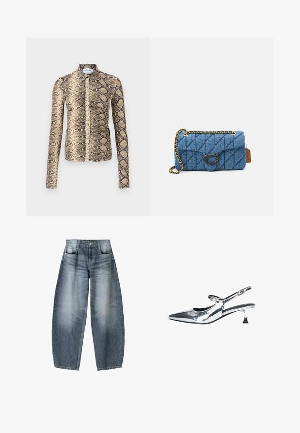 MARINE SERRE PYTHON PRINTED DRAPED RUCHED - Overhemdblouse - grege; Wijd gesneden jeans van lichtblauwe denim met vervaging, met een vijf-pocket ontwerp, knoopsluiting en minimale stikdetails.; Zilveren, gepatenteerde leren slingback schoenen met een spitse neus, verstelbare enkelband en een lage blokhak. Kenmerkt zich door een uitsnijdingen ontwerp en een strakke afwerking.; Blauwe gewatteerde denim schoudertas met een gouden kettingstrap en een opvallend gouden logo accent op de voorkant. Compact rechthoekig van vorm.