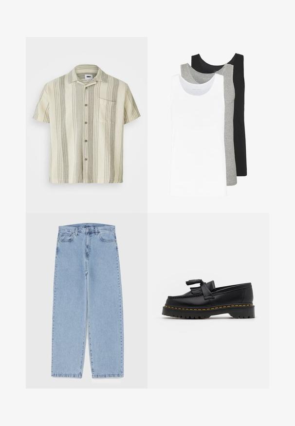 Gaismas bēša īsām piedurknēm pogājama krekla ar vertikālām pelēkām svītrām. Iespējams, krūšu kabata un teksturēts audums.; Trīs bezmaku blūzes baltā, pelēkā un melnā krāsā. Katrai no tām ir klasiska bezmaku dizaina forma, izgatavota no viegla kokvilnas auduma ar ribotu tekstūru.; Gai zila džinsu bikses ar taisnu kāju dizainu, kas piedāvā vidēju vidukļa augstumu, piecas kabatas un pogas un rāvējslēdzēja aizdari.; Melnas ādas mokasīni ar pērlītēm uzsvaru, ar masīvu melnu zoli un dzeltenu šuvumu gar malu. Ar teksturētu apdari.