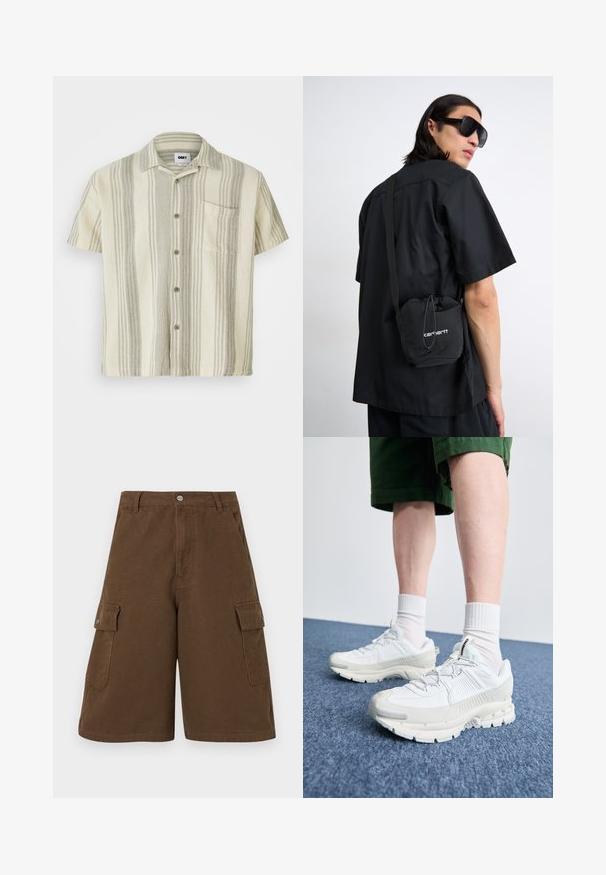 Šviesiai kreminės spalvos trumpų rankovių marškiniai su vertikaliomis pilkų juostų. Su krūtinės kišenė ir tekstūruotu audiniu.; Trys balti, dryžuoti marškiniai be rankovių, pagaminti iš medvilnės. Yra apvalus kaklas ir maži juodi etiketės netoli siūlės. Siūlomi įvairių dydžių.; Rudi cargo šortai su tiesia iškirpte, dviem šoninėmis kišenėmis ir priekyje užsegimo mygtuku. Pagaminti iš tvirtos medvilnės audinio su matinio paviršiaus apdaila.; Baltos sportinės bateliai su tekstūruotais uždengimais, masyviu padu ir pilkais akcentais. Dėvimi su baltais trumpais kojiniais ir žaliais šortais mėlyname paviršiuje.; Juodas trumpomis rankovėmis marškinėliai, dėvimi asmens, derinami su mažą juodą raištelių kuprinę su balta logo. Aplinka yra neutrali ir minimalistiška.