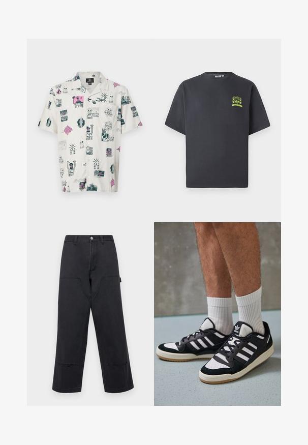 Korte mouwen shirt in licht beige met multikleurige grafische prints van verschillende iconen, patronen en ontwerpen; ontspannen pasvorm en knoopsluiting bij de kraag.; Koolgrijze Adidas T-shirt met korte mouwen en een kleine neon groene graphic van luidsprekers, zon en het Adidas-logo op de linkerkant van de borst.; Zwarte wijde broek in denimstof met grote voorzakken, rechte snit en contrasterende stiksels. Voorzien van een metalen knoopsluiting.; Zwart-witte sneakers met een bovenwerk van suede en leer, voorzien van drie witte strepen, een geperforeerde neus en een rubberen gumzool.