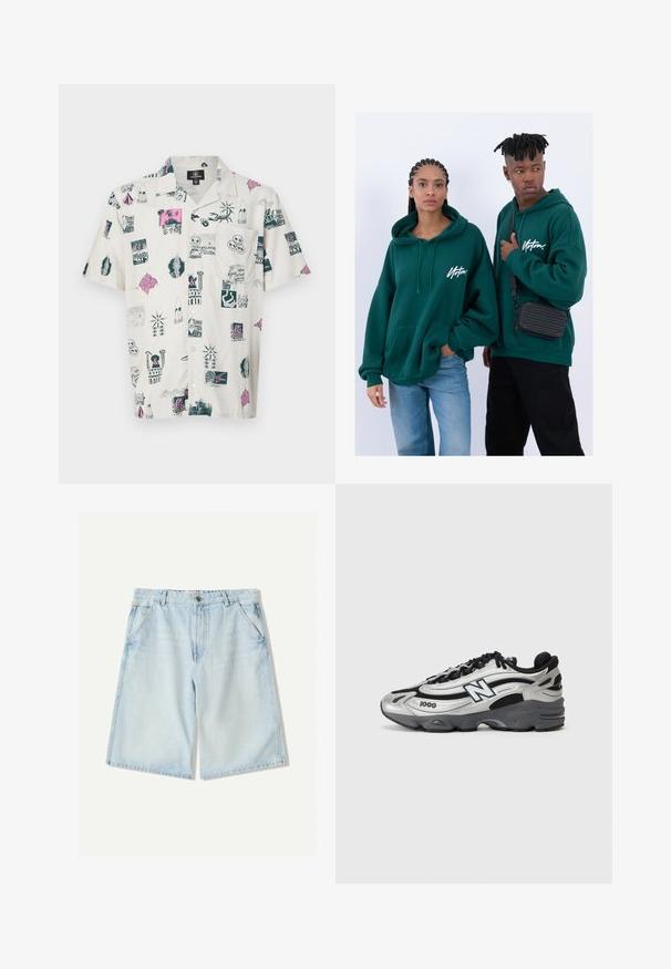 Rövid ujjú, világos bézs ing, színes grafikákkal díszítve, különböző ikonokkal, mintákkal és dizájnokkal; laza szabású és gombos gallérral.; Világoskék farmer rövidnadrág, egyenes szabással, övhurkokkal, öt zsebbel, és enyhe kopással. Klasszikus pamut anyag textúra.; Ezüst és fekete sportcipők, hálós felsőrésszel, párnázott talppal, fűzős kialakítással és oldalsó márkázással.; Zöld kapucnis pulóverek elülső zsebekkel, bő szabással. Az egyik modell fekete farmert visel, a másik egy fekete keresztbody táskát hord.; Aranyszínű karóra fekete számlappal, három számlapformával és gumis pánttal, fehér csipkés mintájú inggel viselve.