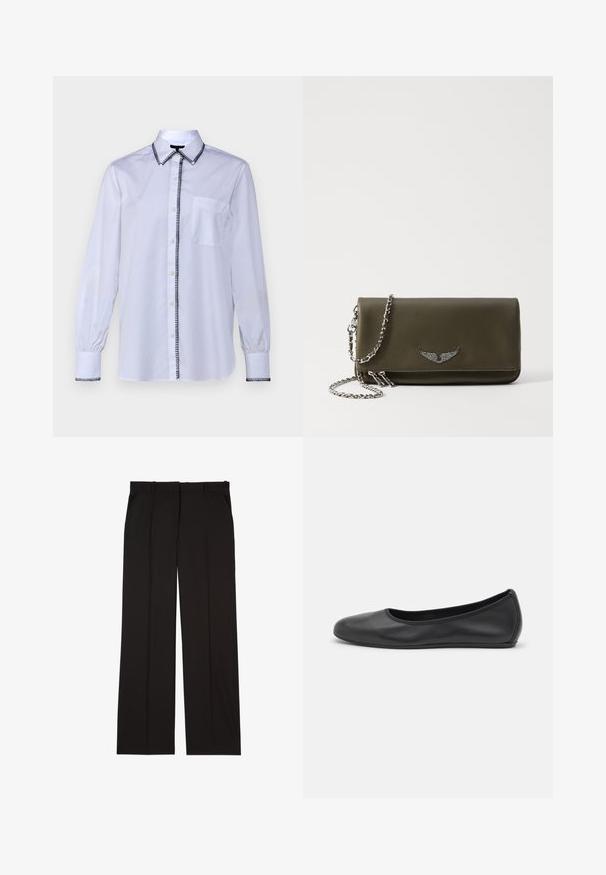 rag & bone MAXINE BLANKET STITCH SHIRT - Hemdbluse - white; Schwarze, maßgeschneiderte Hosen aus einem glatten Stoff, mit geradem Bein und zwei Seitentaschen. Elegante und minimalistische Konstruktion.; Schwarze Leder-Ballettschuhe mit abgerundeter Spitze, glatter Textur, minimalen Nähdetails und einem flexiblen Sohlen-Design.; Olivgrüne Leder-Clutch mit einem metallischen Flügelakzent, ausgestattet mit einem Kettenriemen und einem Reißverschluss, glatter Textur und rechteckiger Form.
